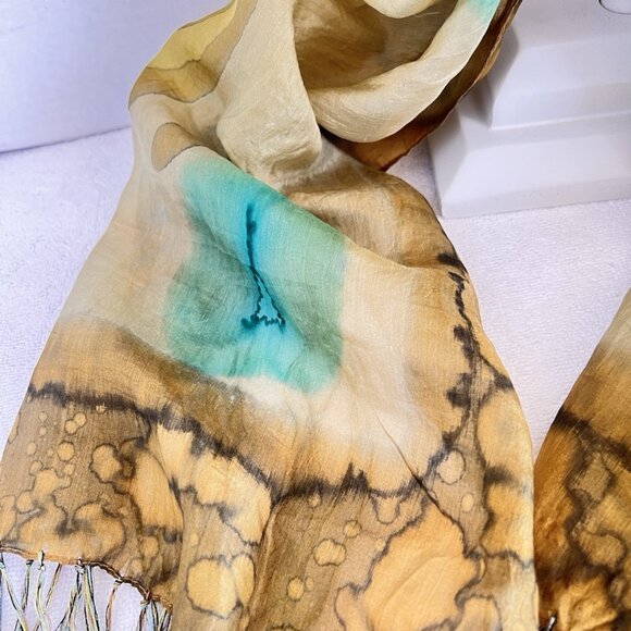 Hand Dyed Scarf Green Ombre Abstract Silk Rayon 70s Batik Vibe - Picture 4 of 9